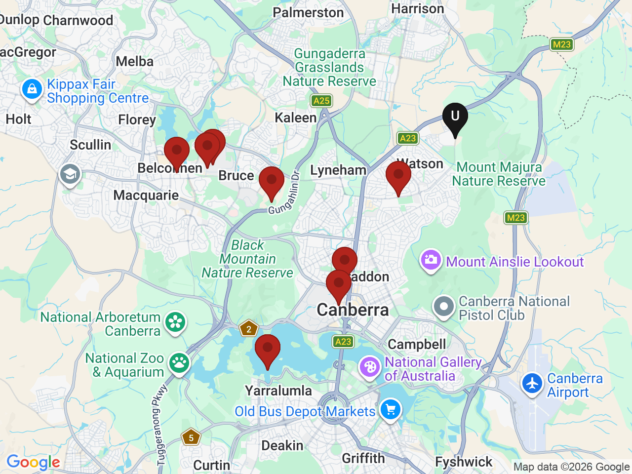 Map of UniLodge homes near Australian Catholic University - Canberra (ACU)