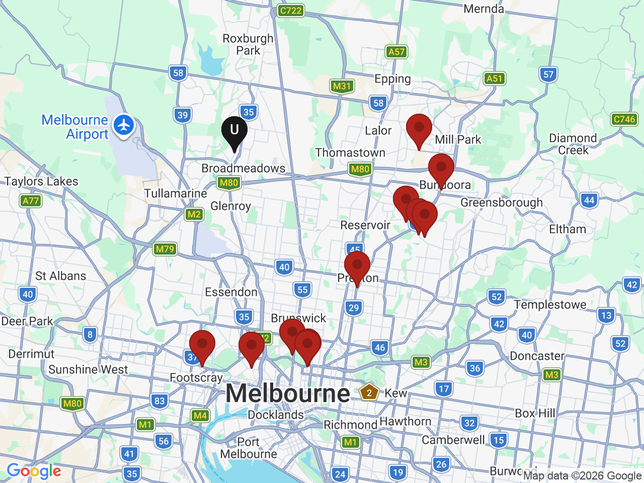 Map of UniLodge homes near Kangan Institute - Broadmeadows Campus (Melbourne)