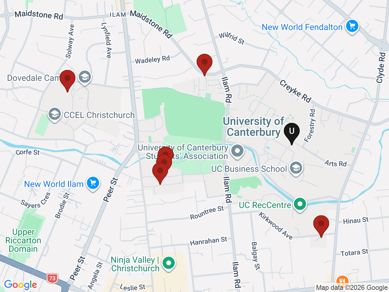 Map of UniLodge homes near University of Canterbury